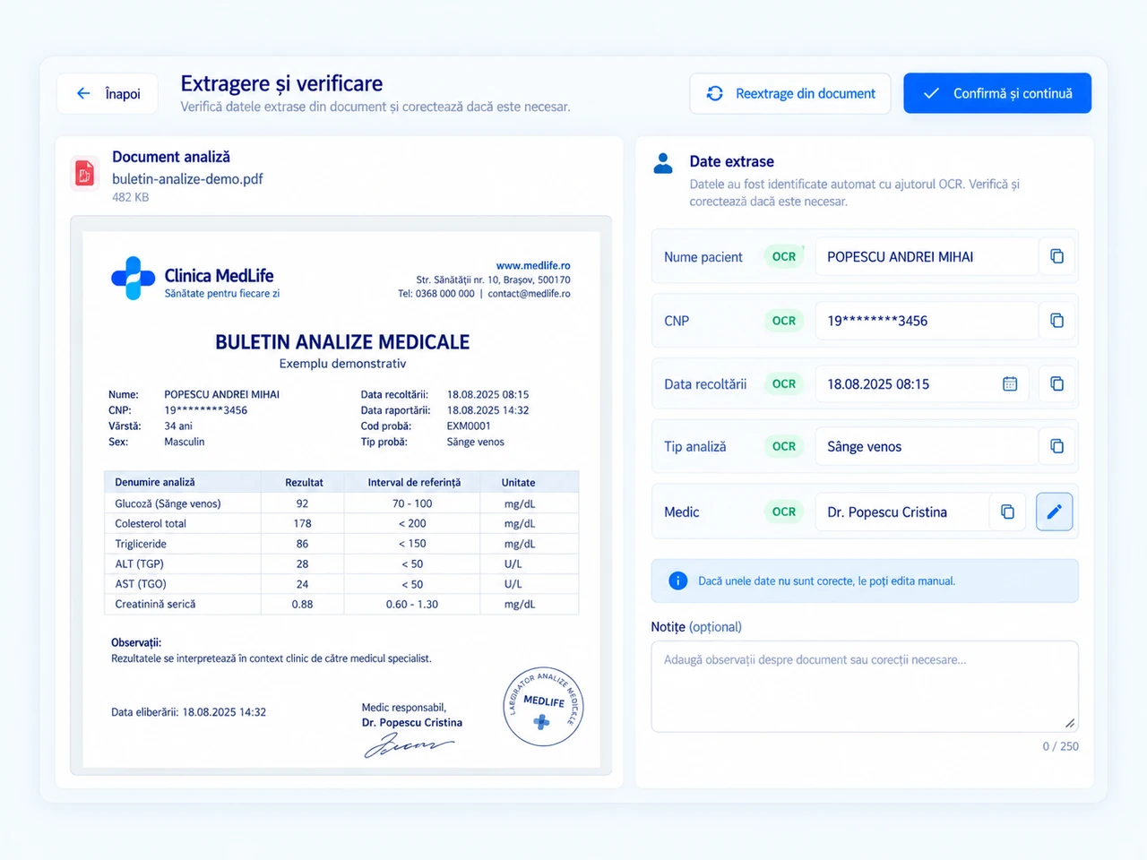Extragere și verificare date din analiza medicală