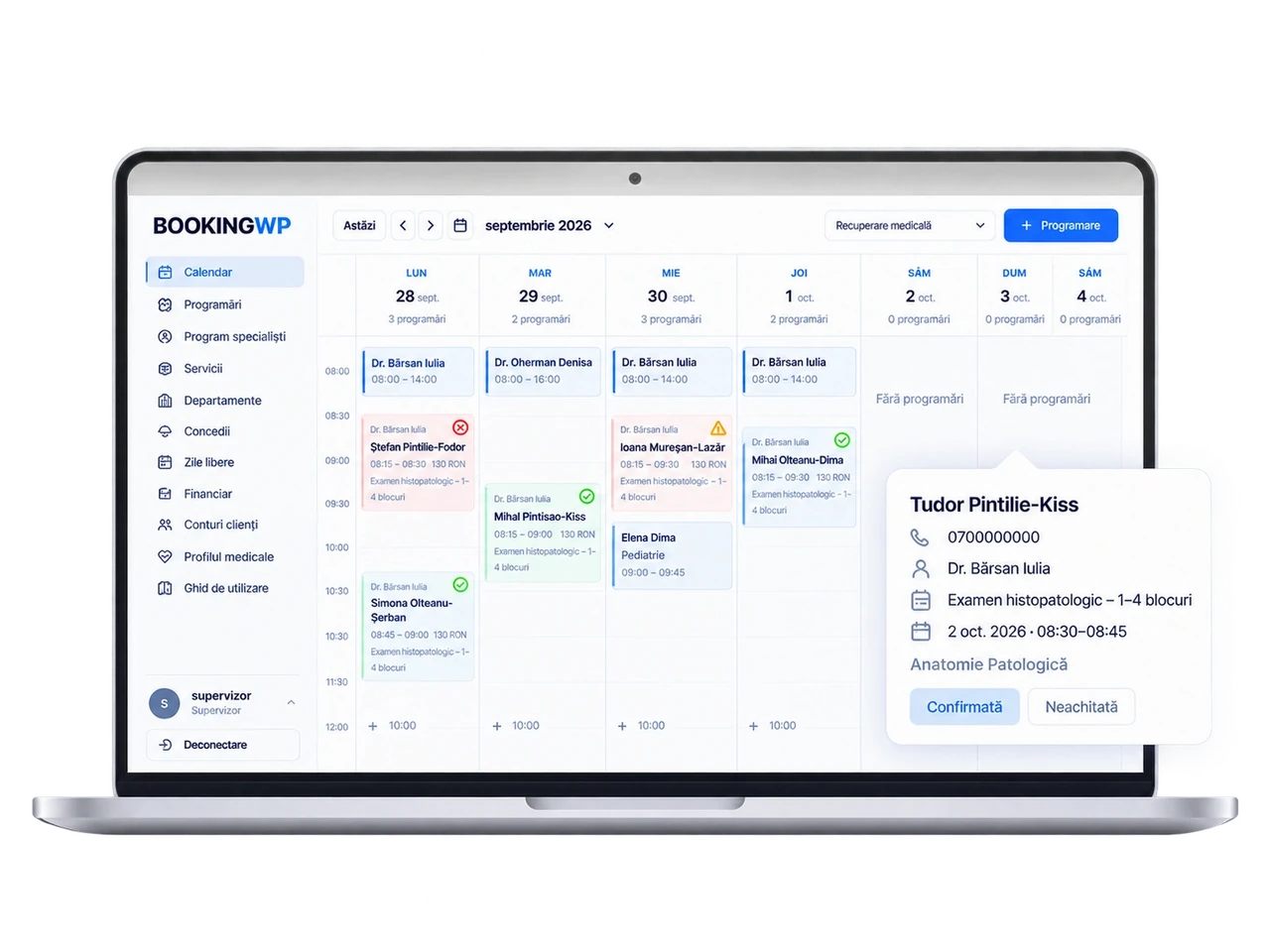 Calendar BookingWP în laptop, date demonstrative