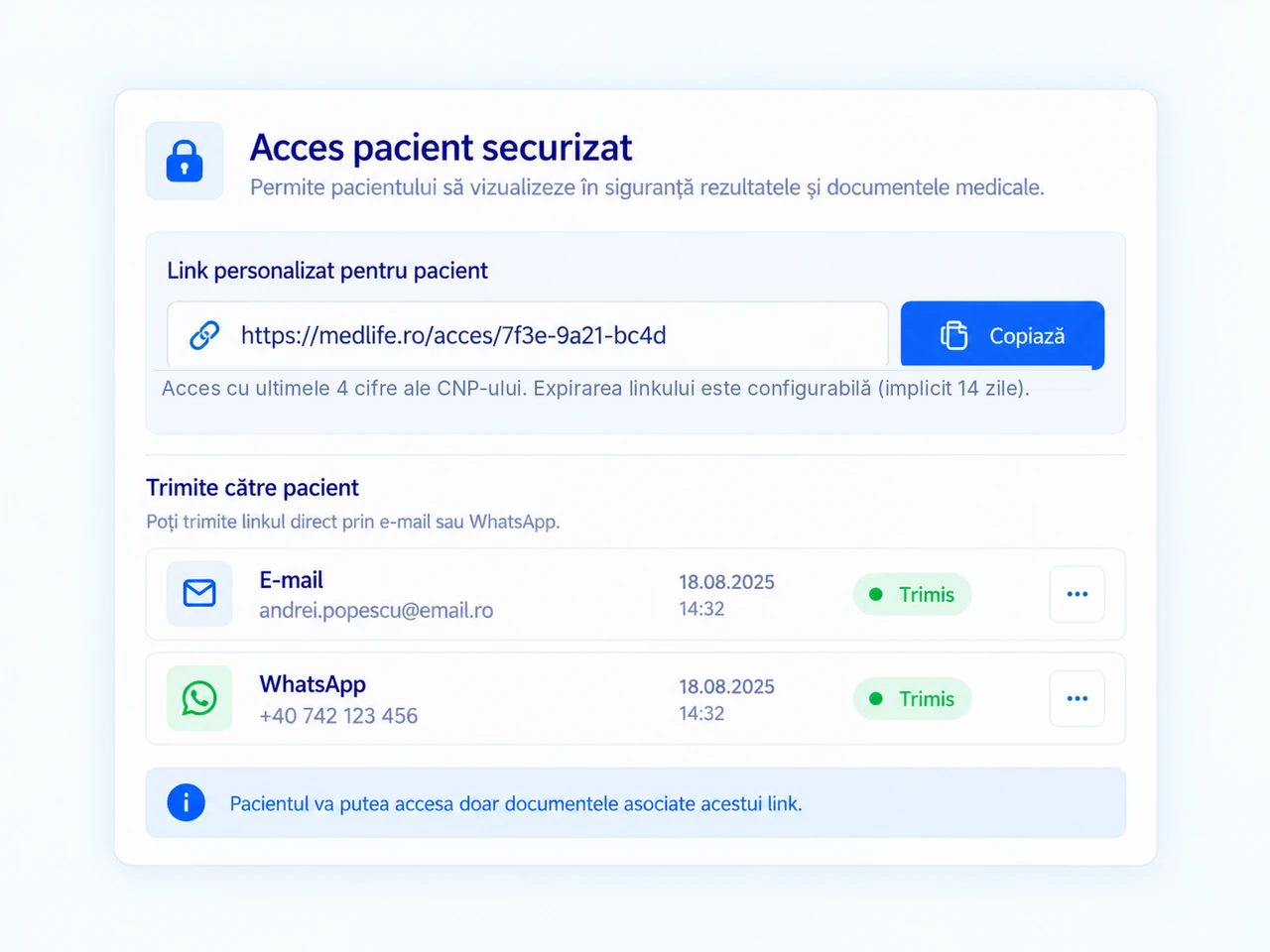 Acces securizat al pacientului la rezultatele medicale