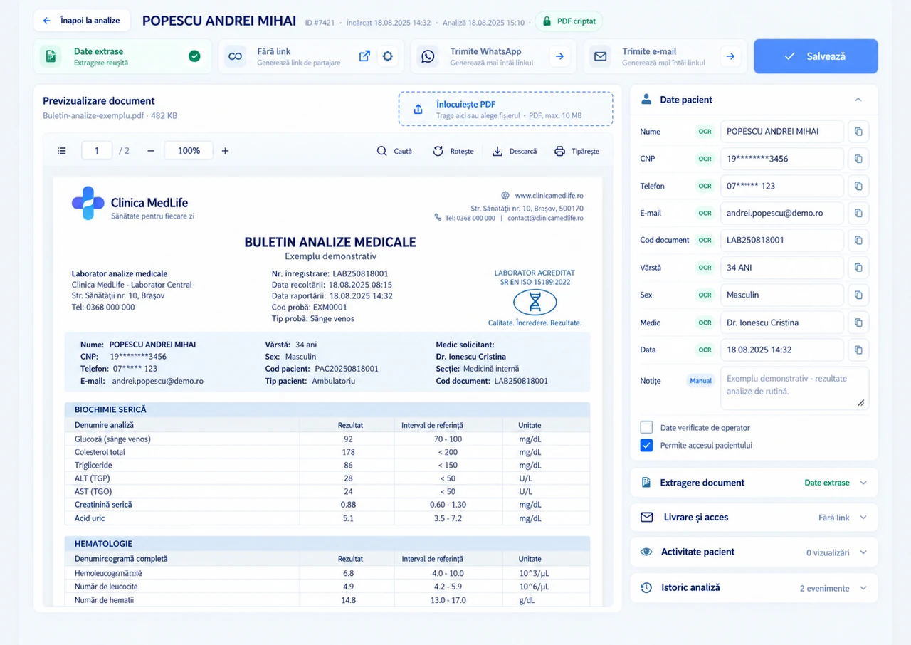 Fișa demo a unei analize medicale cu date fictive